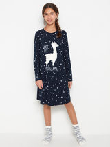Mørke navy natkjole med stjerner og fake fur lama