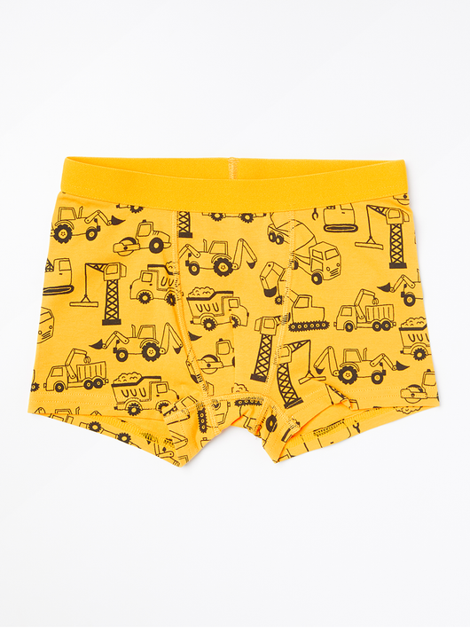 Gule boxer shorts med biler og gravkøer