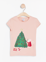 Lyserød t-shirt med juletræ af pallietter
